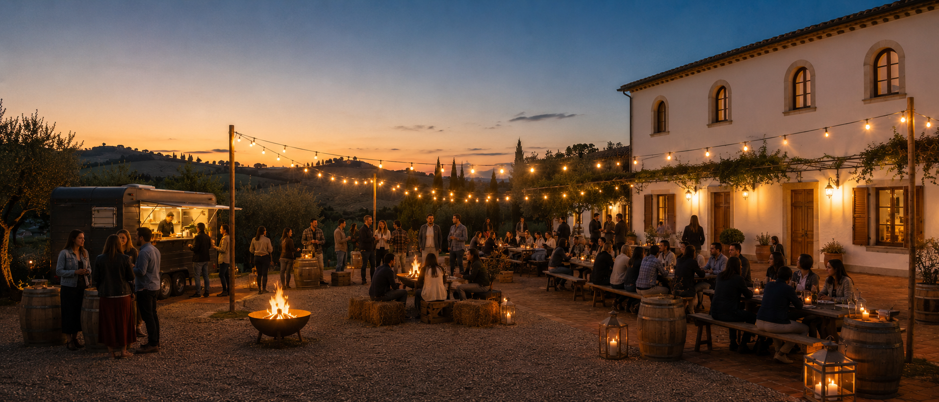 San Vincenzo a Piangrande di sera: tavolate, luci, fuoco e atmosfera country tra le colline.