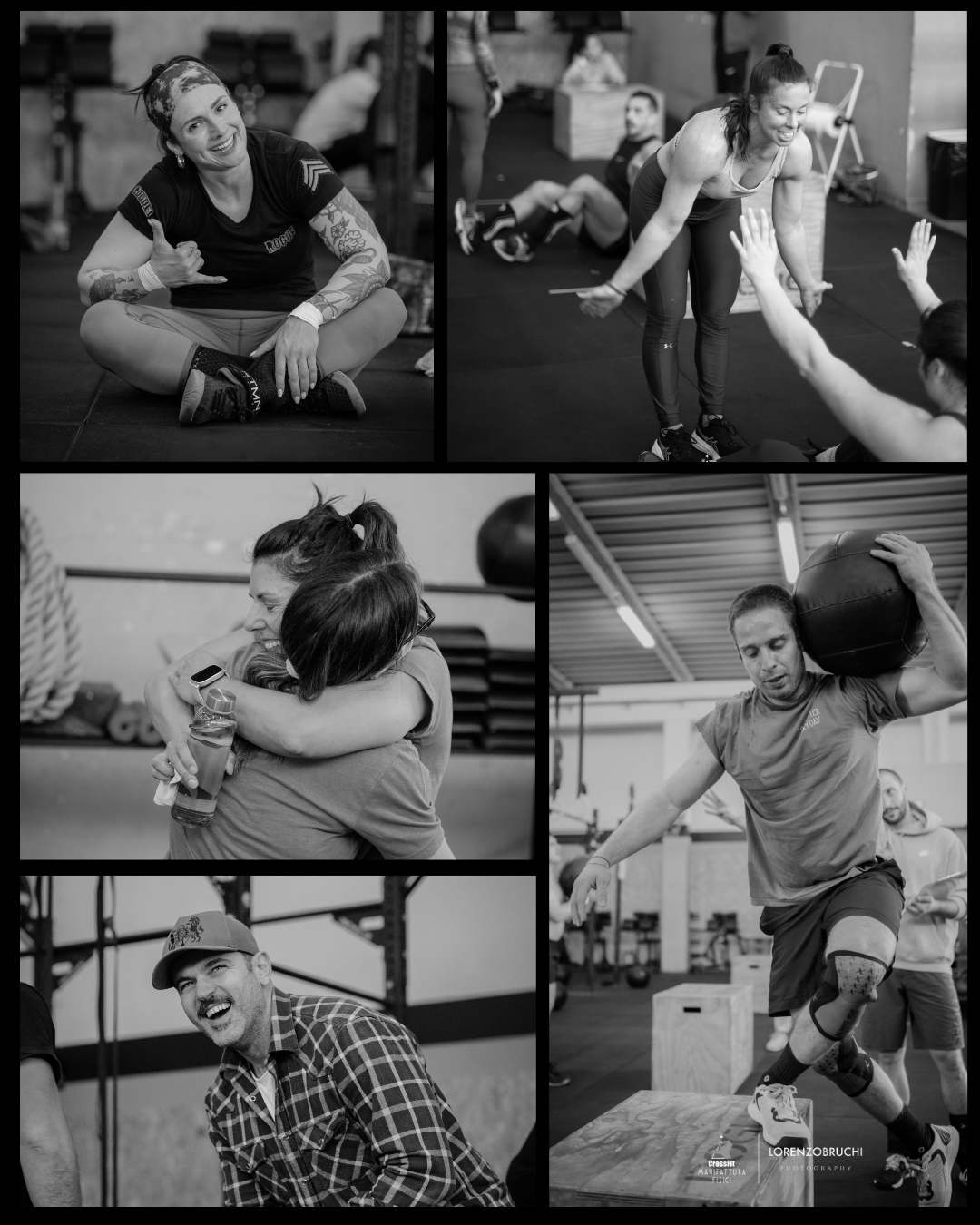 Collage del team Manifattura Fisici: coach e atleti al box.